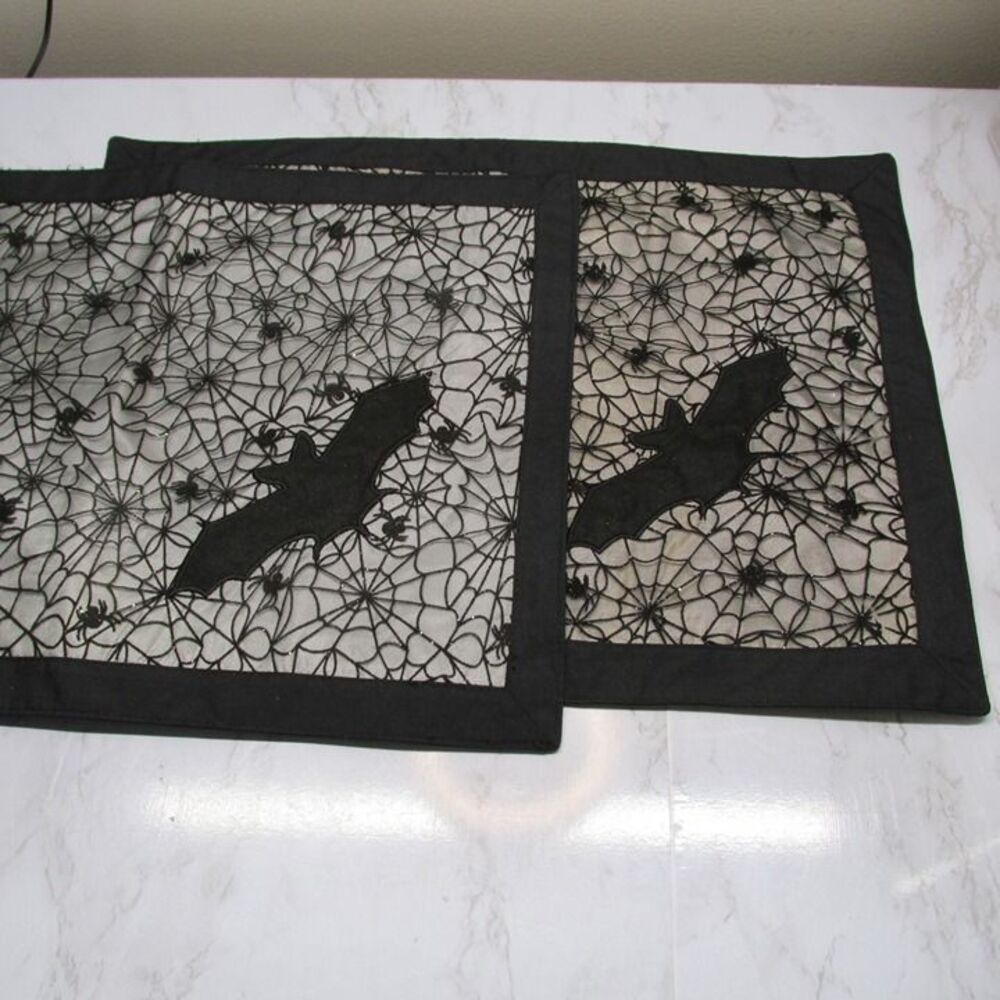HALLOWEEN BLACK GRAY FLOCKED Bats PLACE MATS  set of 2 Glitter Spiderweb
